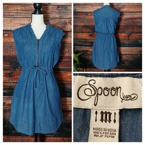 Spoon Jeans Mini Dress M Denim Blue Zip Front Pockets Elastic Waist